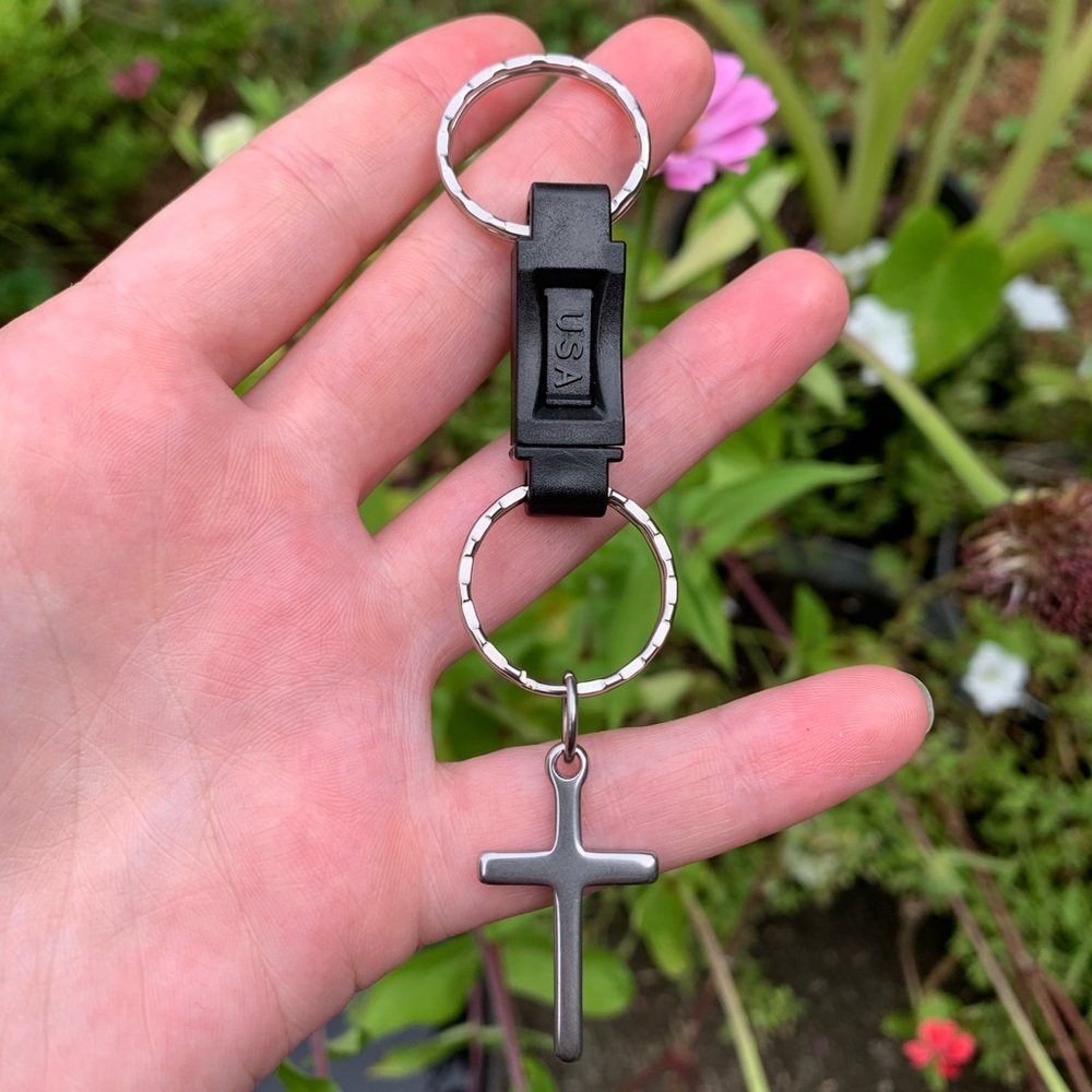 Handmade Stainless Steel Cross on Dual SS Key Ring w/ Detachable Clip Keychain